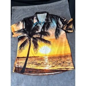 Mens Tropical Sunset Palm Tree Button hawian  Shirt Short Sleeve Beach Luau XXL
